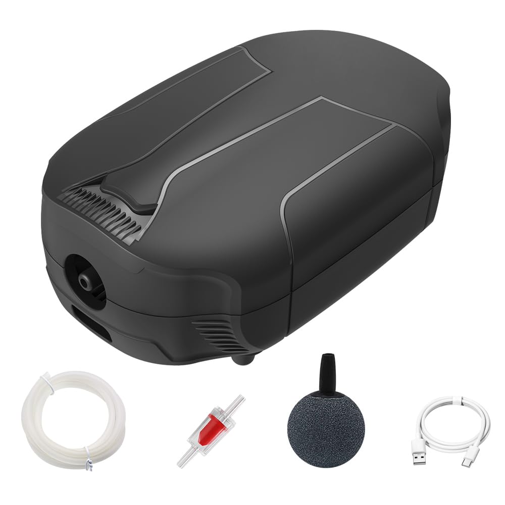 Mini Silent Aquarium Air Pump Waterproof Portable USB plug Type-c charge 5v fish tank air stone (Black,1.5W))