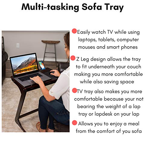 Sofia + Sam Sofa Side Table TV Tray Tablet Phone Slots | Wooden Z Legs | Couch Console Lapdesk | Adjustable Top Table | Laptop Stand | Small Breakfast Eating Food | Dinner Lunch Snack Reading
