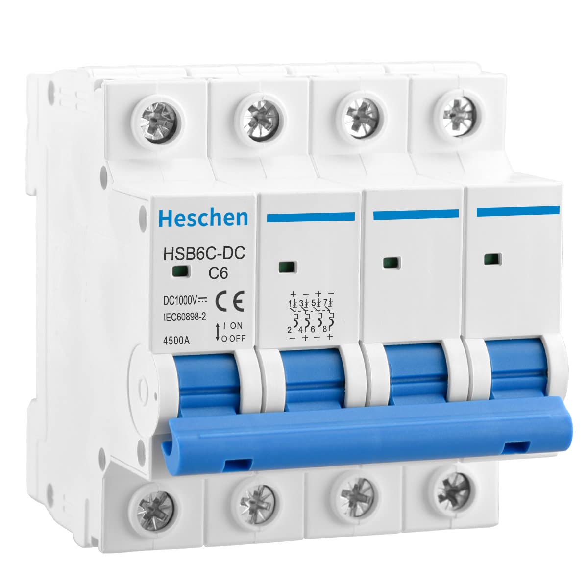 Heschen DC Miniature Circuit Breaker, HSB6C-DC, 4 Poles, DC1000V 6A, Photovoltaic Circuit Breaker, for Solar PV System Solar Panels Grid System, 35mm DIN Rail Mounting