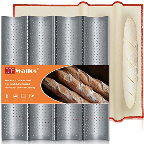 Walfos Non-stick Perforated French Baguette Bread Pan with Professional Proofing Cloth, 15
