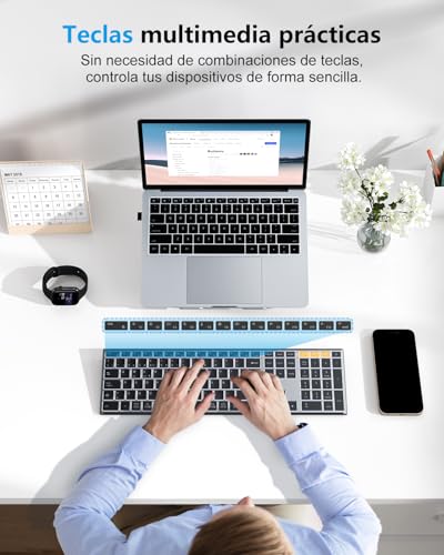 OMOTON Wireless Bluetooth Keyboard + 2.4GHz, Metal Case, Multi-Device Silent Spanish QWERTY Keyboard, Rechargeable Backlit Keyboard for Windows/Mac, Office and Study, Grey Black