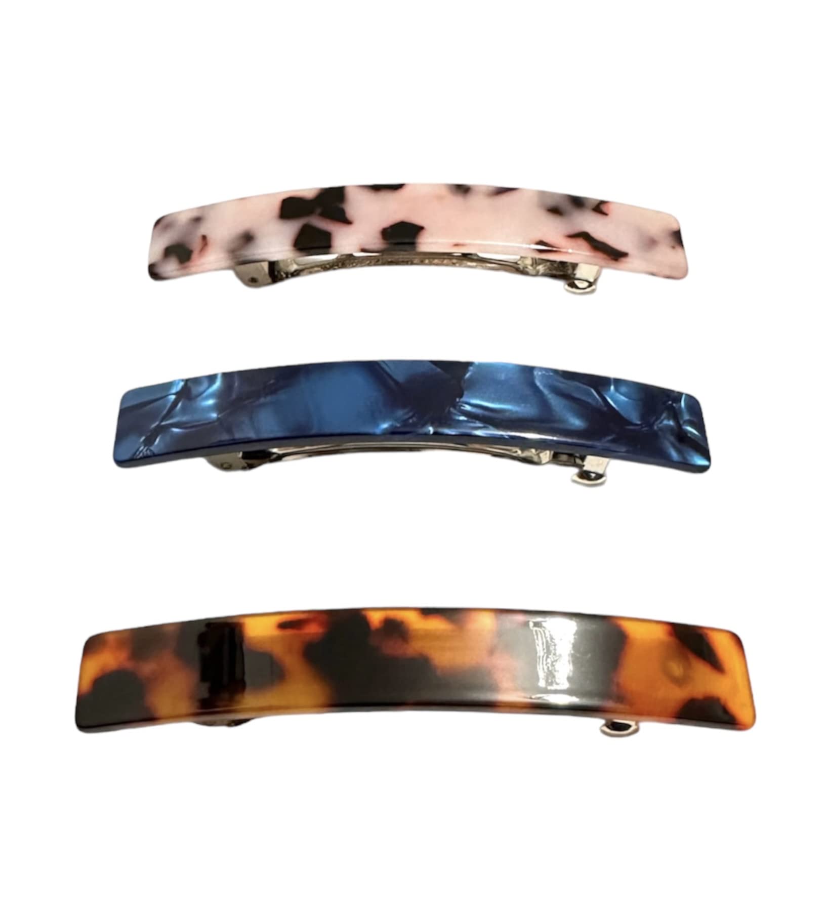 3pcs Large French Design Hair Barrette Clips Pins Grips Smooth Elegant Rectangular Womens Girls Hair Clips Slides Accessories Length 8CM (Brown, Blue, Light Pink)