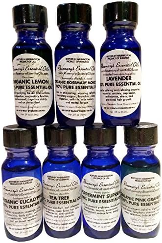 Starter Kit / Gift Set of Essential Oils - 7 Pack Lavender, Tea Tree, Peppermint, Organic Pink Grapefruit, Organic Rosemary, Organic Lemon and Organic Eucalyptus, 10 ml Each, Euro Droppers