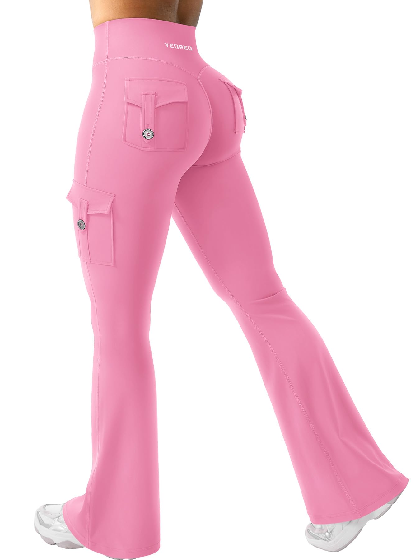 Photo 1 of YEOREO CoreFlex Women Workout Flare Leggings with Pockets Hidden Scrunch Cargo Gym Yoga No Front Seam Leggings Pink S