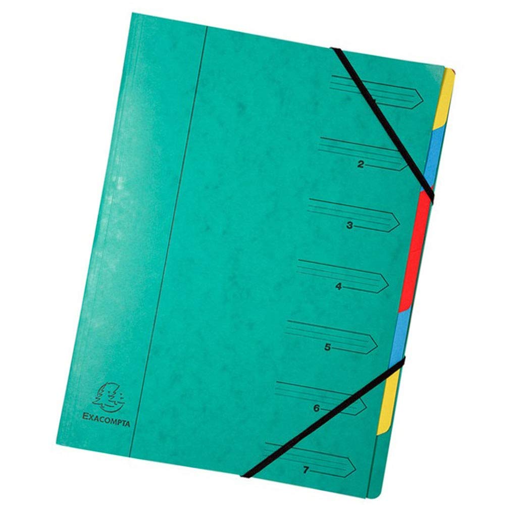 Exacompta - Ref 54073E - Stapled Spine Multipart File - 245 x 320mm in Size, Suitable for Storing A4 Documents - 7 Tabbed Sections - Green Cover with Multicoloured Tabs