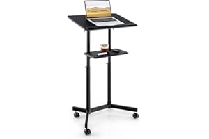 Tangkula Mobile Lectern Podium, Height-Adjustable Rolling Laptop cart with Tilting Top, Storage Tray & Cup Holder, Portable Pulpit Stand with Lockable Casters for Classroom, Church, Office