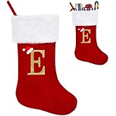 Glodecart Large Initial Stocking Christmas for Family Kids, Embroidered Letter E Red Velvet Monogrammed Christmas Stocking for Christmas Pendant Home Hanging Ornaments Party Decoration Xmas Stocking