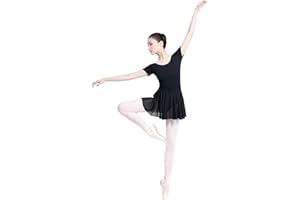 RuiBalletto Short Sleeve Ballet Leotards for Women Adult, Gymnastics Bodysuits Dance Skirted Leotard