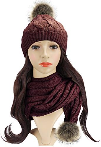 Beautyer Beanie and Scarf Sets For Women Warm in Winter Cable Knit Pom Pom Beanie Hat and Scarf(Wine Red)