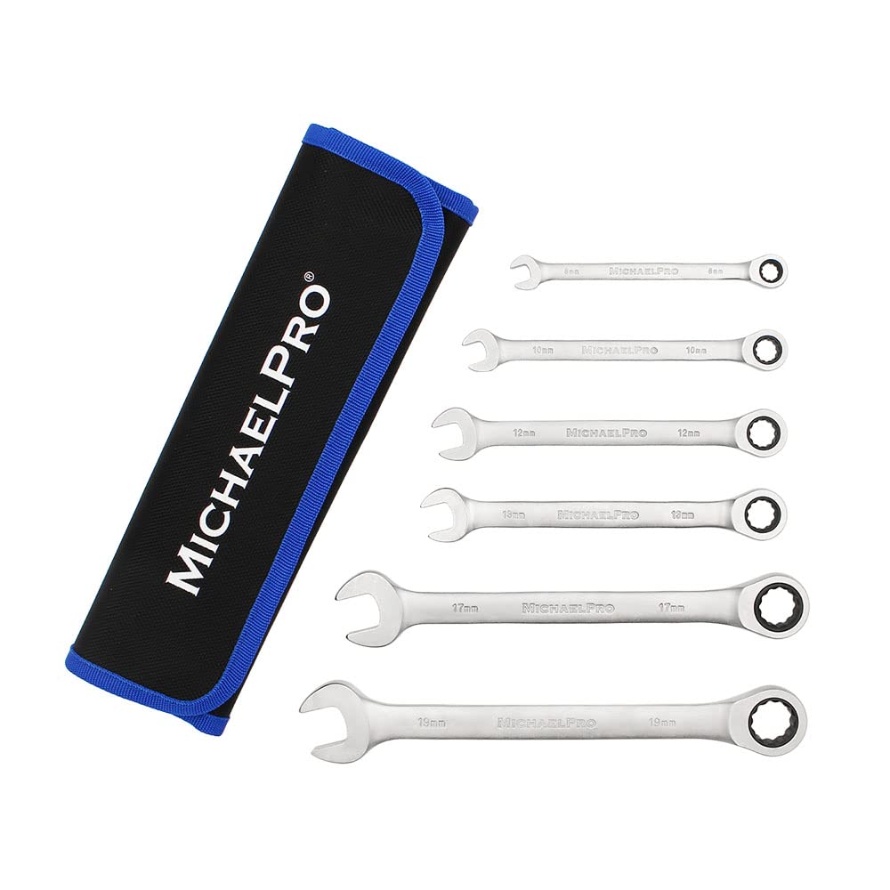 MichaelPro MP001121 Ratchet Spanner Set, Combination Wrench Set, Ratchet, Metric Spanner Set, 6-Piece, Size: 8,10,12,13,17,19mm with Roll Bag