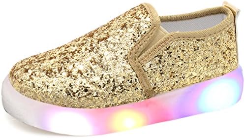UBELLAGirl's Light Up Sequins Slip On Loafers Flashing LED Casual Shoes Flat Sneakers (Toddler/Little Kid) Gold