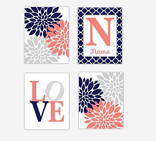 Coral Navy Blue Flower Dahlia Mums Baby Girl Nursery Wall Art Personalized SET OF 4 UNFRAMED PRINTS