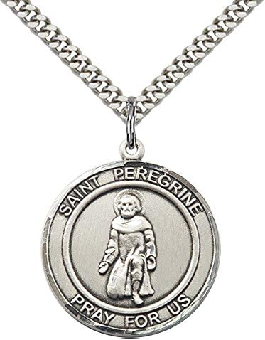 F A Dumont Sterling Silver St. Peregrine Pendant with 24" Stainless Steel Heavy Curb Chain. Patron Saint of Cancer/Running Sores