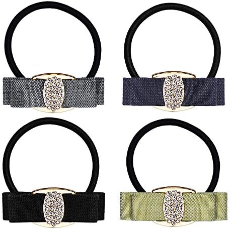 VJU 4-Pack Shiny Square Bow Handmade Elastic Ponytail Holder Hair Tie Rope Band Rubber Band Jewelry Hair Accessories for Women Korean Fashion Presents for Women Girls Mom Wife