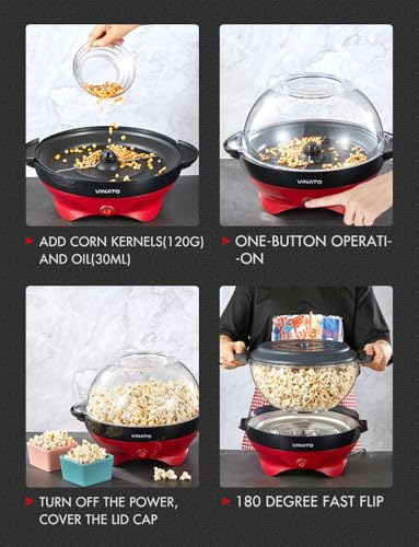 VINATO Popcorn Machine, 5L Large Popcorn Maker for Home, with Non-Stick Coating and Removable Heating Surface, Quiet and Fast Popcorn Machine