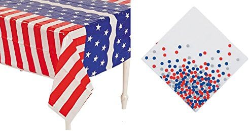 Stars &amp; Stripes Patriotic Party Decor/Supplies 1 Plastic Tablecover and 16 Confetti Napkins 4th of July/ Memorial Day