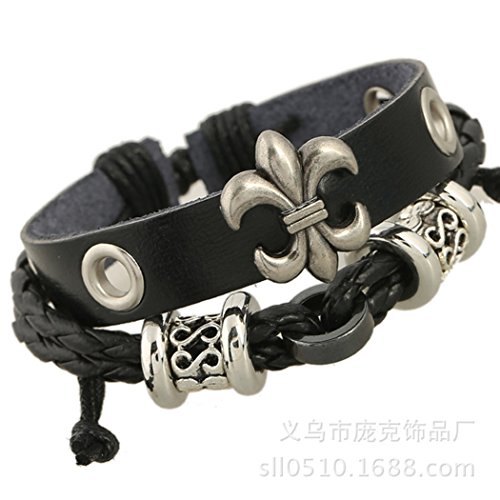Belletas Fashion Unisex Punk Style Alloy Flower Studded Braided Leather Length Wrap Bracelet