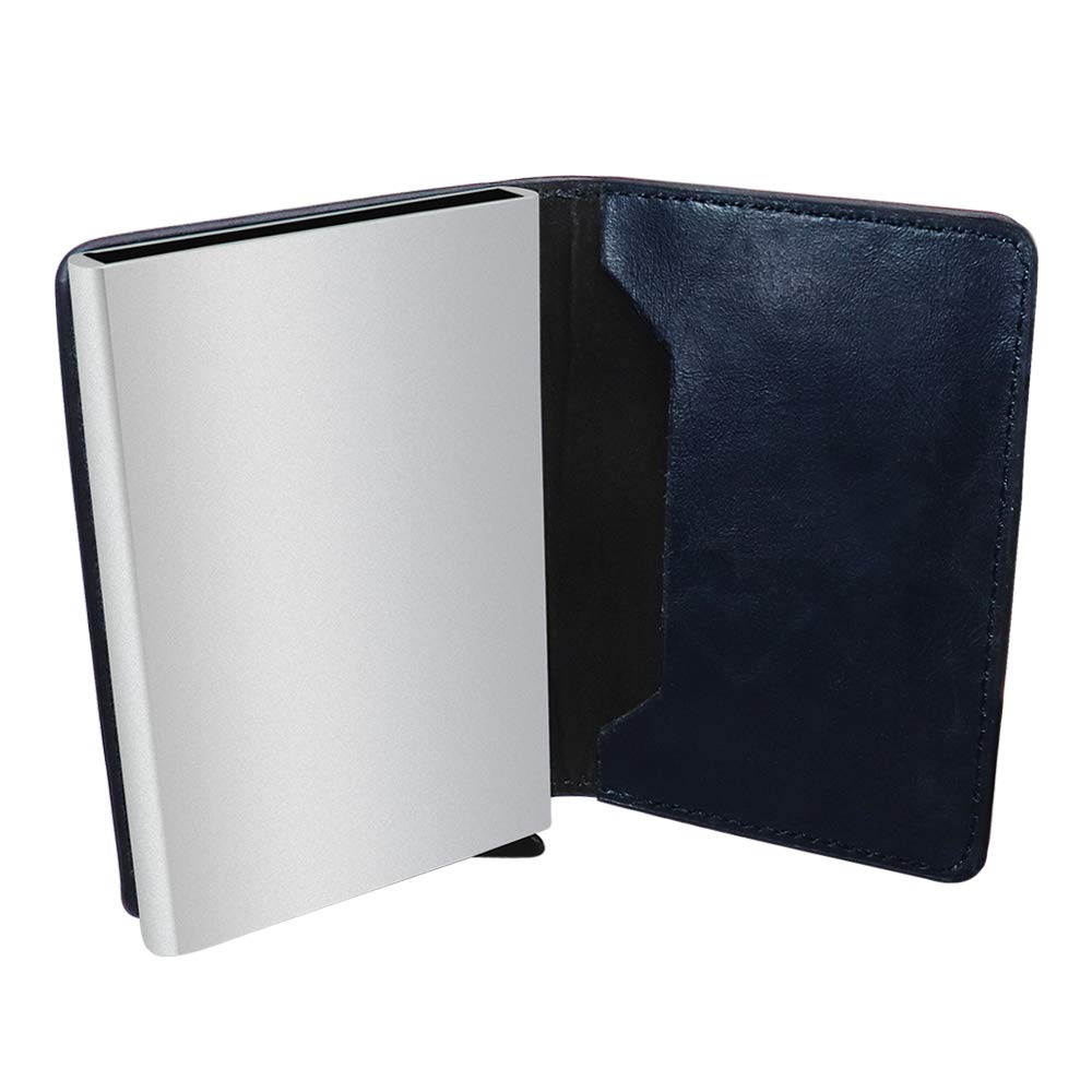 RFID Blocking Card Holder, Credit Card Wallet Automatic Pop-up Minimalist Slim PU Leather and Aluminum Metal, Men Women Contactless Card Protector with Cash Holder and Luxury Gift Box