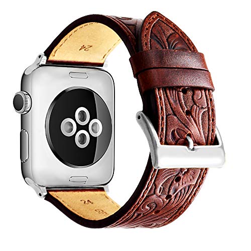 Ezzdo Replacement For Apple Watch Retro Carved Leather Bands, Handmade Bump Genuine Leather Replacement Strap Men Women Brown Bracelet For Iwatch 38mm 42mm Series 1/2/3 (Red Brown 38mm)