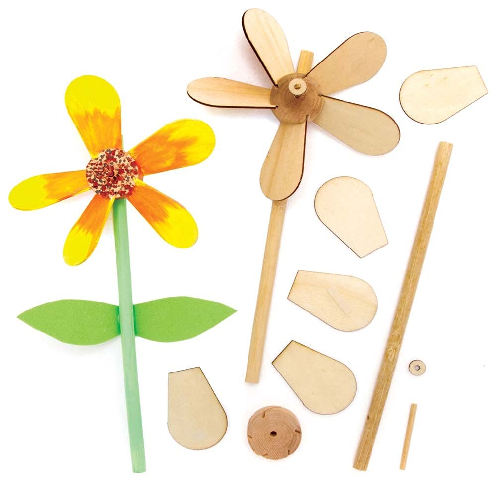 Baker Ross Flower Wooden Windmills - Pack of 5, Easter Crafts, Craft For Kids (FE575)