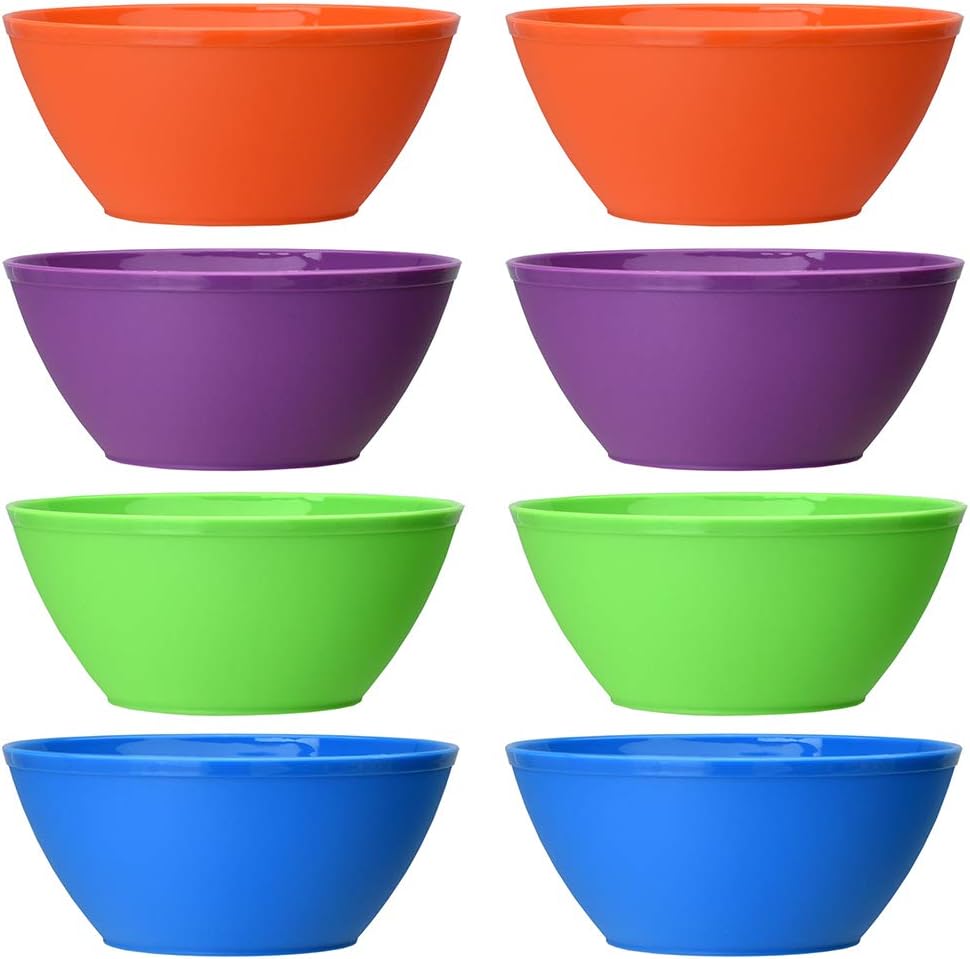 Fresco 6-inch Plastic Bowls for Cereal or Salad | set of 8 in 4 Classic Colors: Kitchen & Dining