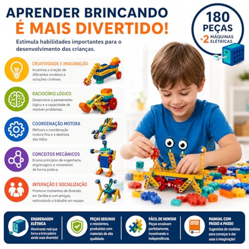 Blocos de Construção Eletrônico STEM – Kit de Engenharia Educacional com Motor, Engrenagens e Modelos Mecânicos | Brinquedo Educativo de Ciência e Robótica para Crianças 3+ Anos (180 Peças)