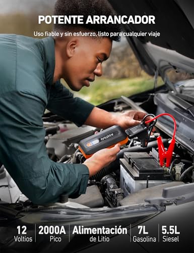 AstroAI B8 Arrancador De Batería para Coche, Cargador de Batería de Auto y Jump Starter Carro De 12 V (7,0 L Gasolina / 5,5 L Diésel). Incluye Luz Led Y Todos Los Accesorios (Naranja)