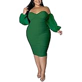 Women's Plus Size Off The Shoulder Mesh Long Sleeve Bodycon Ruched Midi Party Cocktail Dress