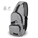 lcfun Canvas Sling Bag Shoulder Chest Cross Body Backpack, Men Women Crossbody Backpack, USB Charging Port Backpack for Travel/Hiking/Outdoor Sport (Gray)