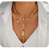 Twentylo Gold Stacked Cross Lariat Necklace for Women Vintage Layered Cross Virgin Mary Colorful Crystal Y Necklace Dainty Cocktail Party Jewelry