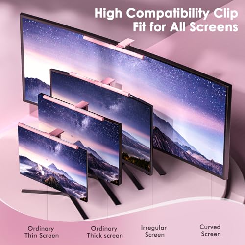 Quntis Computer Monitor Light Bar Curved with Remote & Backlight for Eye Caring, 40cm Pink Screen Light Bar Stepless Dimming Hue Adjustment, No Glare Monitor Lamp as Gift for Girls Game Work Desk Lamp