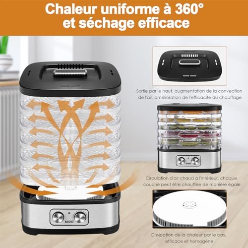 GGJ-261A Déshydrateur Alimentaire, 5 Plateaux Réglables en Hauteur, Contrôle de la Température de 35 à 70°C, Deshydrateur de 240 Watts pour Fruits et Légumes, Sans BPA