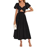 ZESICA Womens Summer Casual Flowy Vacation Maxi Dress 2026 Short Puff Sleeve A Line Smocked Cutout Beach Party Dresses
