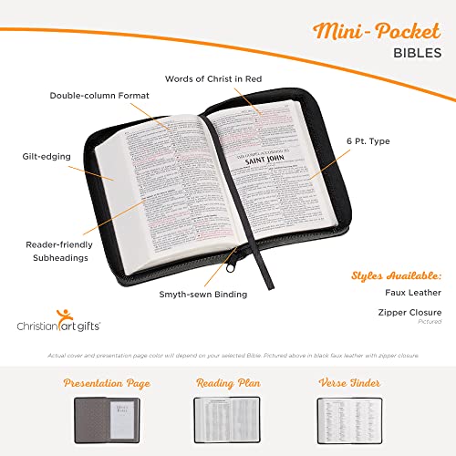 KJV Holy Bible, Mini Pocket Bible Zippered Black Faux Leather Bible w/Ribbon Marker, King