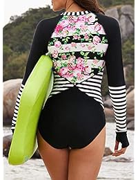 ZESICA traje de baño de una pieza con cremallera frontal, estampado floral, manga larga, protección solar, surf, traje de baño