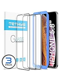 TETHYS Protector de pantalla de cristal diseñado para iPhone Xs y iPhone X [3 unidades] [cobertura de borde a borde] protección completa durable vidrio templado para Apple iPhone Xs & X [marco de orientación incluido] (Pack de 3)