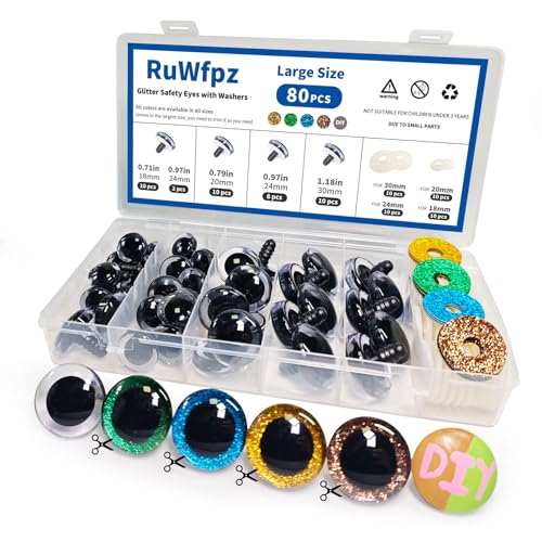 RuWfpz Glitter Safety Eyes for Crocheting Amigurumi 18-30mm - 4 Colors Stuffed Crochet Animal Eyes with Washers, 80Pcs Plastic Clear Button Doll Eyes for Crafts Bear Plushies Toy
