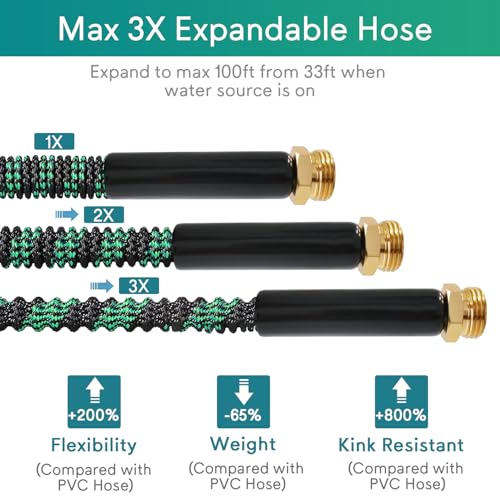 100 ft Expandable Garden Hose, 2026 New No Kink Retractable Water Hose 100ft, 10 Function Nozzle, Solid Metal Fittings, Durable Latex Core, Lightweight, Flexible for Gardening, Cleaning, Car Washing
