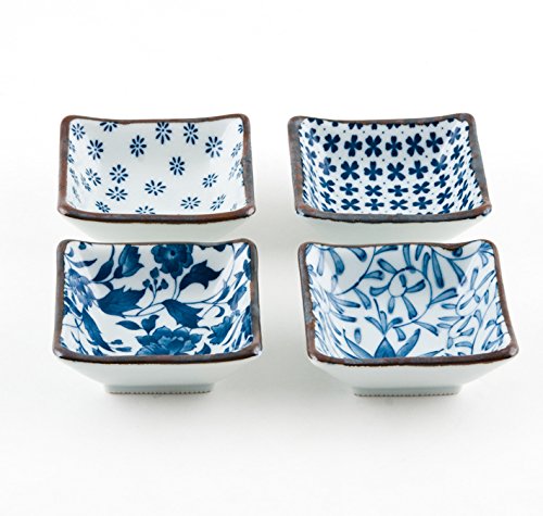 Authentic Japanese Porcelain Square Shape Condiment or Sauce Dish for Appetizer Dessert Salad Snack Candy Fruit Multi Purpose Platter Dishes 3.5 Inch Square Assorted Designs 4 Piece Pack Made in Japan - Thumbnail 2