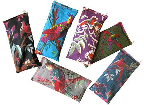 Scented Eye Pillows – Pack of (6) – Soft Cotton 4 x 8.5 – Organic Lavender Flax Seed – hand block print – birds flowers purple black blue gray green