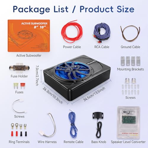 Rimoody Car Subwoofer, 10 Inch, 1000W Max, 400W RMS, Low Profile, Phase Control, 0-180°, Bass Boost 0-18dB, Under Seat Installation with LED Mood Lighting Blue