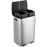 MilleLoom 16 Gallon Dual Compartment Trash Can, Stainless Steel Recycling Bin with Soft-Close Lids, Foot Pedals & Dual Inner Buckets, 60L Commercial Garbage Can for Kitchen, Silver