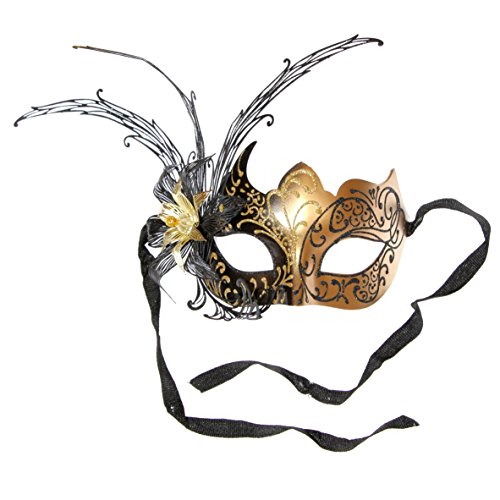 Shiny Side Flower Venetian Masquerade Party Mask - Gold Black