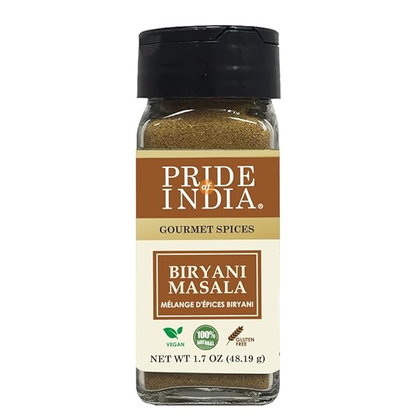 PRIDE OF INDIA – INDIAN BIRYANI MASALA SEASONING SPICE – 2.40 OZ. SMALL DUAL SIFTER BOTTLE – GOURMET SPICE BLEND – IDEAL FOR LAYERED VEGETABLE AND MEAT PILAF – SUITABLE FOR VEGETARIANS & VEGANS