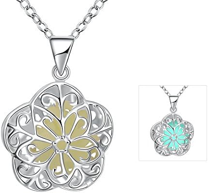 The November Nocturne Luminous Cyan Silver Hollow Beauty Flower Halloween Style Girls Pendant Necklace