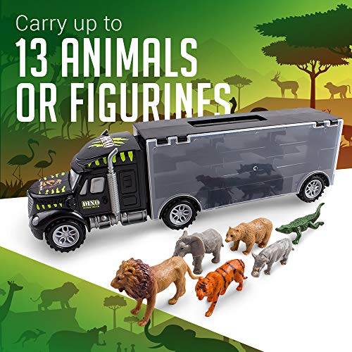 WolVol Hand Carry-On Wild Animals Transport Car Carrier Truck - Wildlife Transporter Toy On Wheels w/ 6 Mini Animal Models - Jungle Adventure Playset for Kids