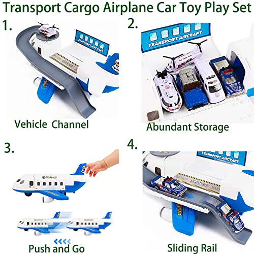 Airplane Toy，Transport Cargo Airplane Car Toy Play Set for 3+ Years Old Boys and Girls,Kids Airplane Toy with 4 Pcs Metal Fire Trucks Toy Cars (Blue)