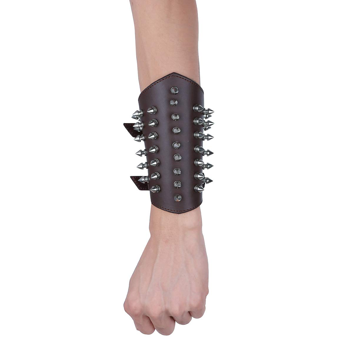 iiniim Unisex Genuine Coffee Black Leather Gauntlet Wristband with Metal Spikes Studded Arm Armor Cuff Coffee One Size