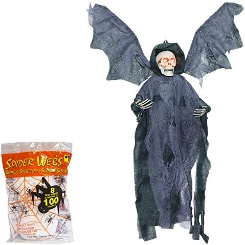 Halloween Decoration Animated Reaper | Sound Activated Flying Prop | 21 Inches with Spider Webbing Decoration - Black Color