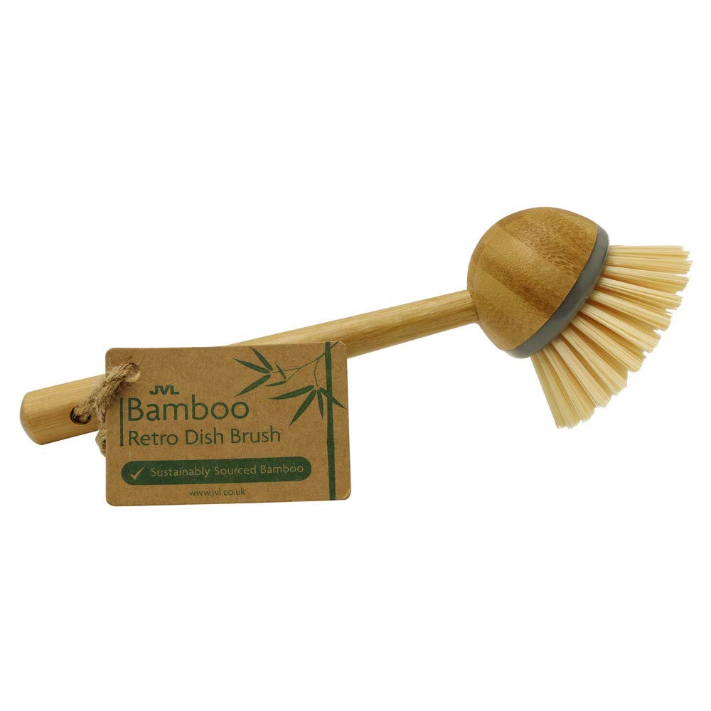 JVL Round Bamboo Long Handle Washing Up Dish Brush, Natural